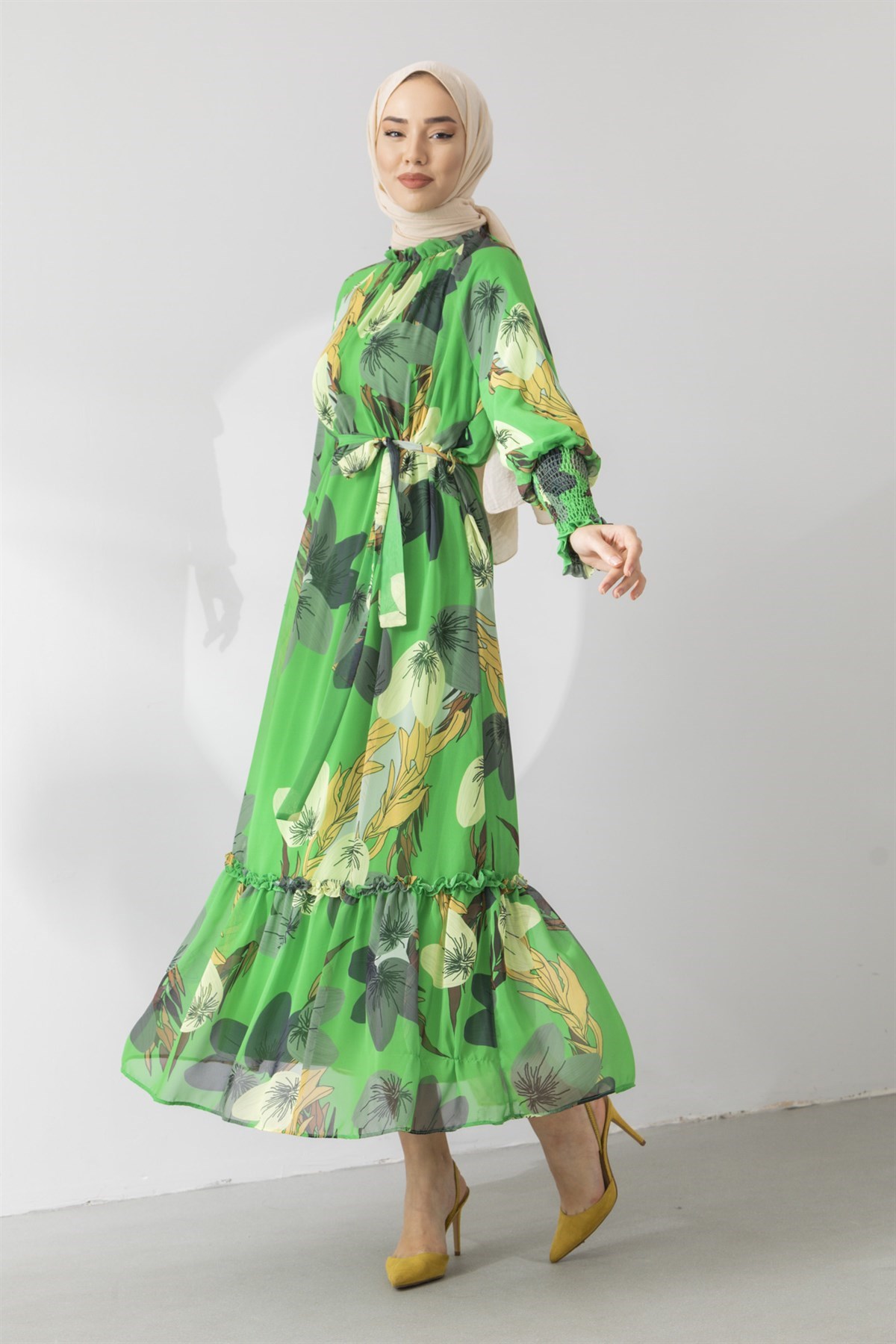 Desenli Yeşil Şifon Elbise