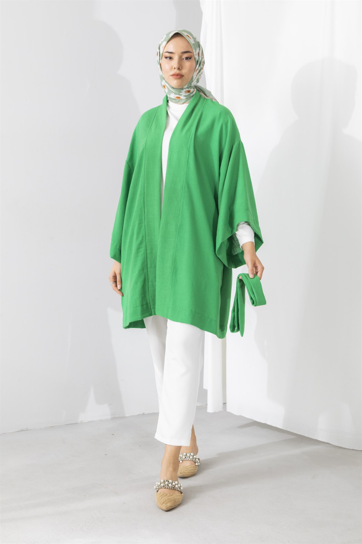 Oversize Seyyar Kemerli Yeşil Kimono